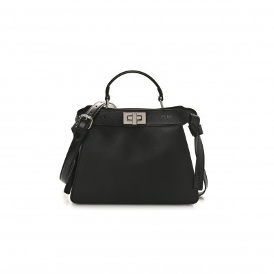 FENDI VITELLO SETA SHINY NAPPA LOGO EMBOSSED LACES SMALL PEEKABOO I SEE U SATCHEL BLACK (27*20*11cm) 